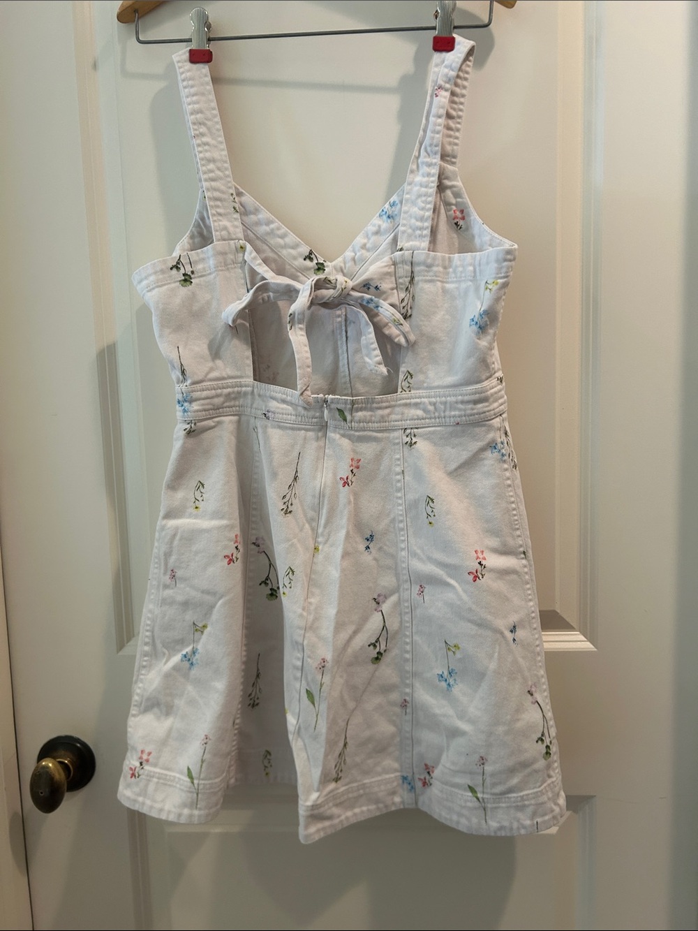Parker White Floral V-Neck Denim Jean Mini Dress Open self tie zip Back size 10